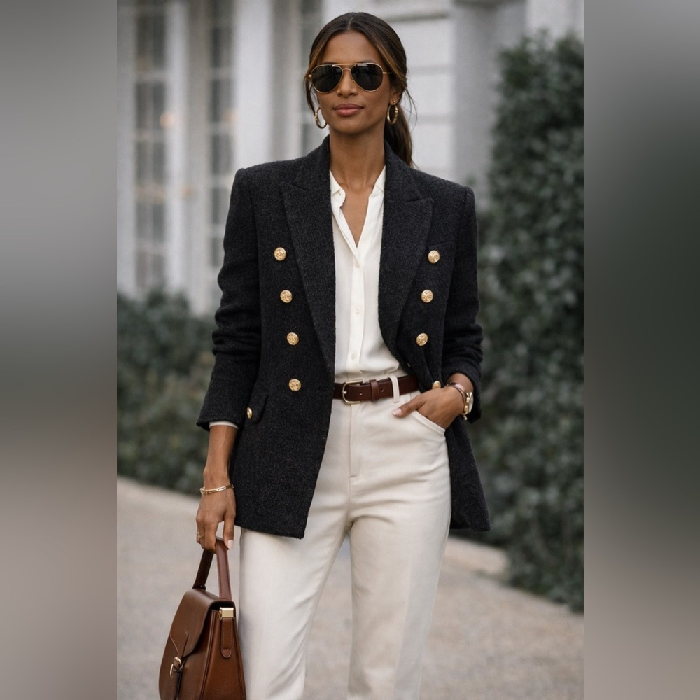 Zara Black Double-Breasted Blazer with Gold Buttons
